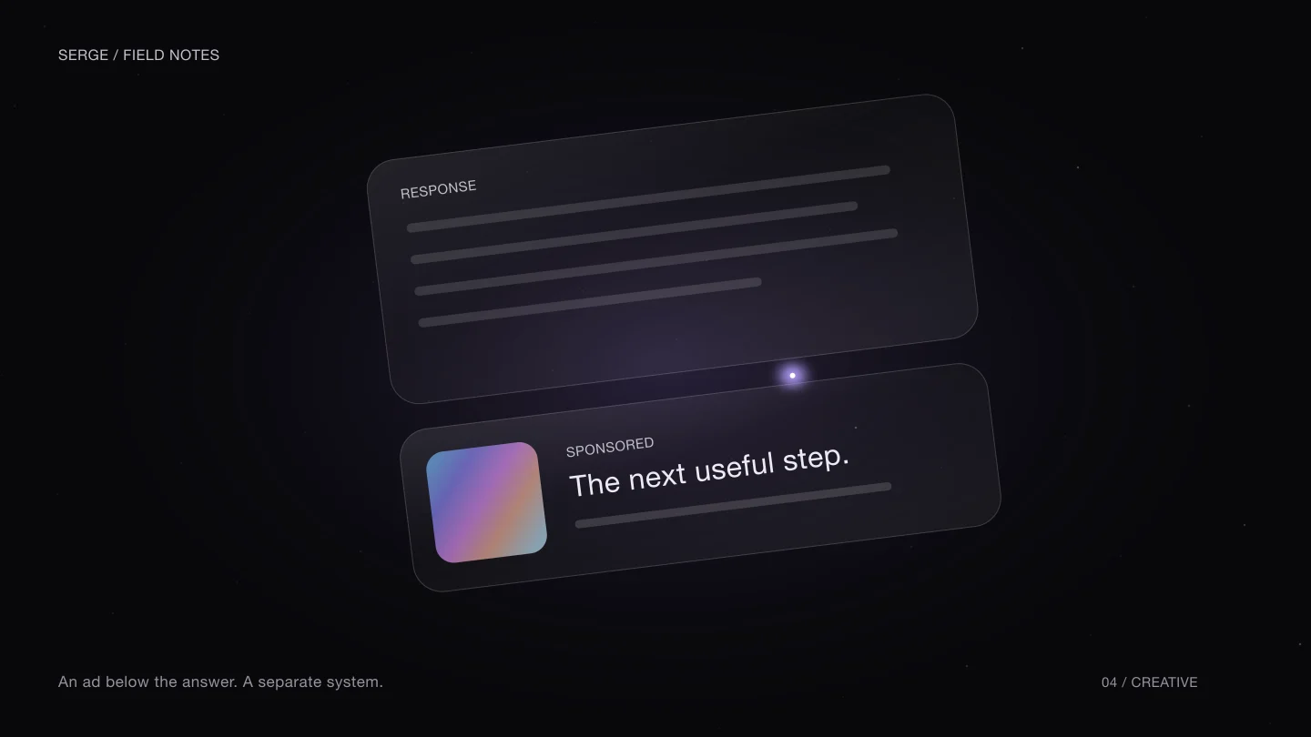 Two separate glass layers represent the response and the sponsored placement below it.