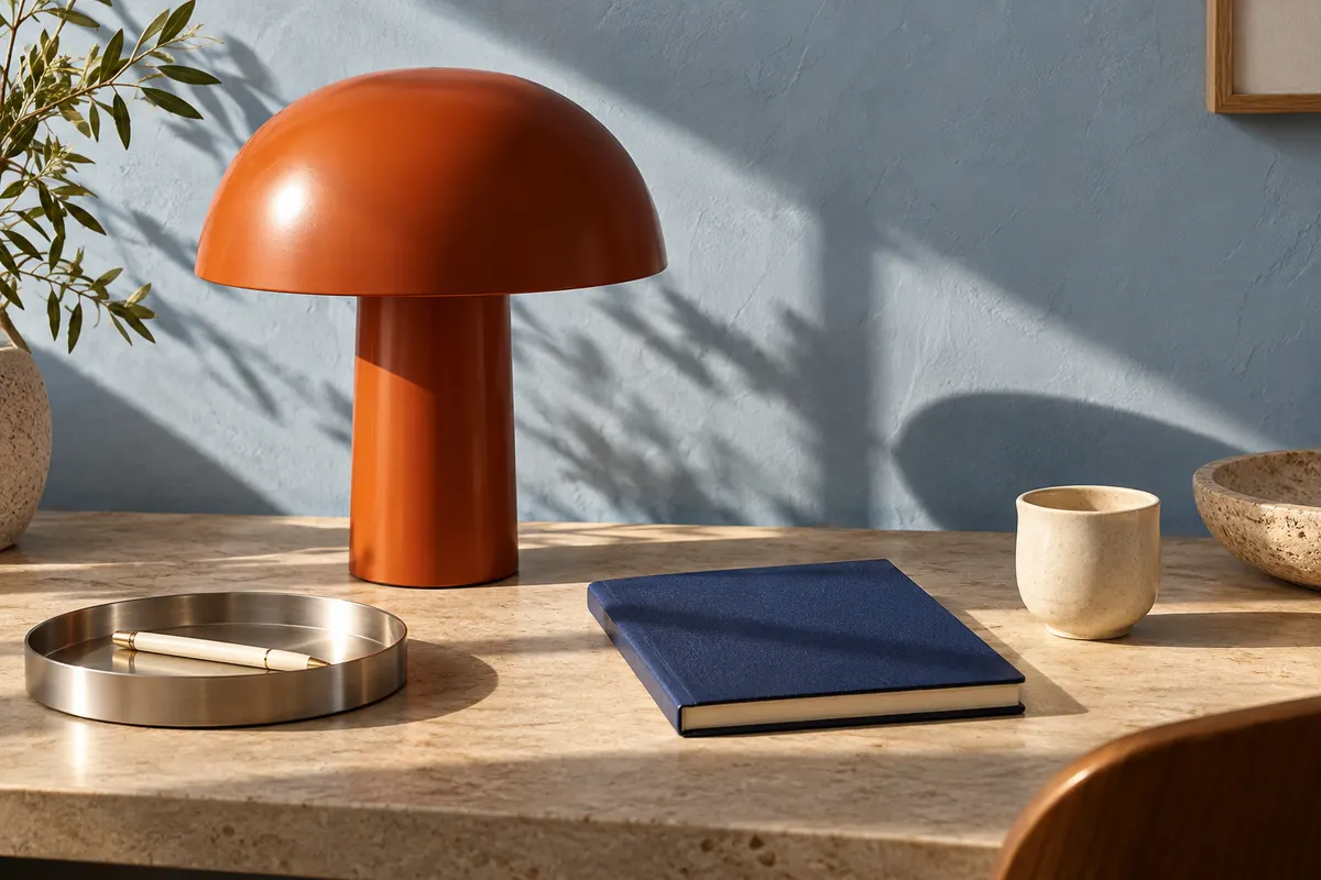 Illustrative Northstar desk accessories: a lamp, notebook and tray.